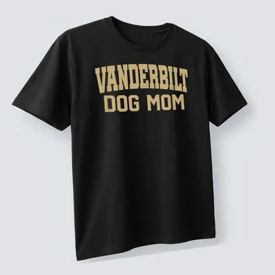 Vanderbilt Dog Mom t-shirt with bold collegiate lettering in gold. — printed on a unisex t-shirt (angled view)