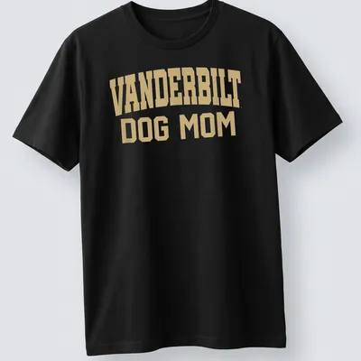Vanderbilt Dog Mom t-shirt with bold collegiate lettering in gold.