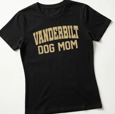 Vanderbilt Dog Mom t-shirt with bold collegiate lettering in gold. — printed on a women's shirt