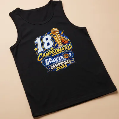 Basketball trophy graphic with '18 Campeonatos Vaqueros De Bayamon Campeones 2026' text — printed on a tank top