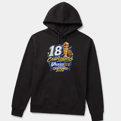 Basketball trophy graphic with '18 Campeonatos Vaqueros De Bayamon Campeones 2026' text — printed on a unisex hoodie
