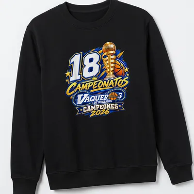 Basketball trophy graphic with '18 Campeonatos Vaqueros De Bayamon Campeones 2026' text — printed on a unisex sweatshirt