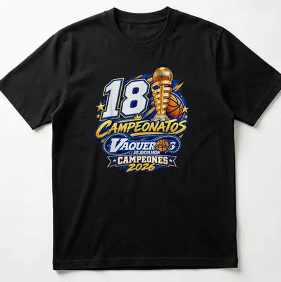 Basketball trophy graphic with '18 Campeonatos Vaqueros De Bayamon Campeones 2026' text
