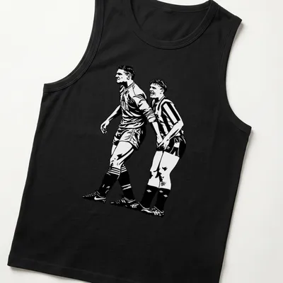 Black and white illustration of two football players, Vinnie and Gazza — printed on a tank top