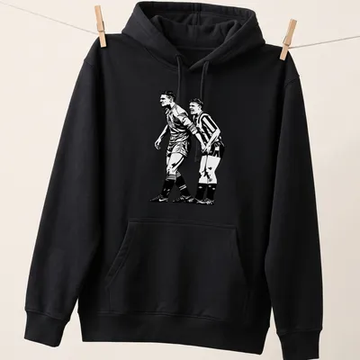 Black and white illustration of two football players, Vinnie and Gazza — printed on a unisex hoodie
