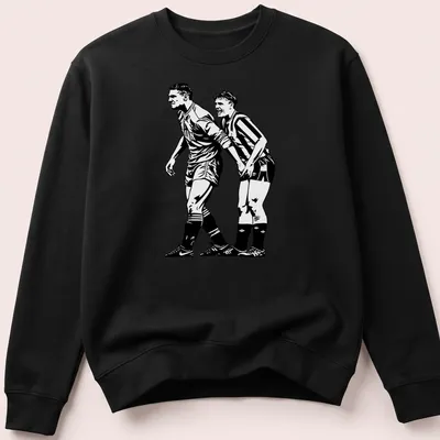 Black and white illustration of two football players, Vinnie and Gazza — printed on a unisex sweatshirt