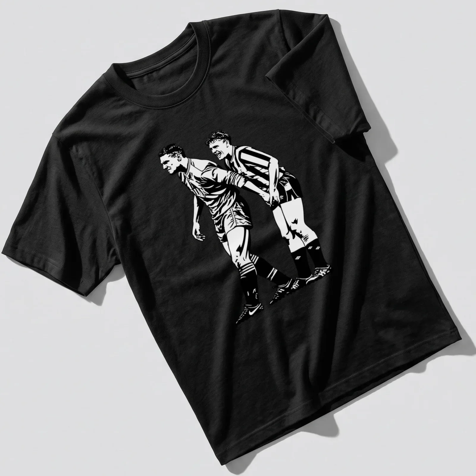 Black and white illustration of two football players, Vinnie and Gazza — printed on a unisex t-shirt