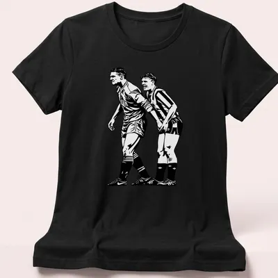 Black and white illustration of two football players, Vinnie and Gazza — printed on a women's shirt