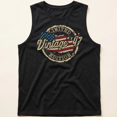 Vintage distressed American flag T-shirt with limited edition text above the design — printed on a tank top