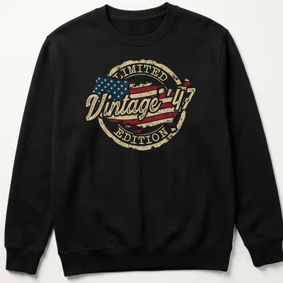 Vintage distressed American flag T-shirt with limited edition text above the design — printed on a unisex sweatshirt