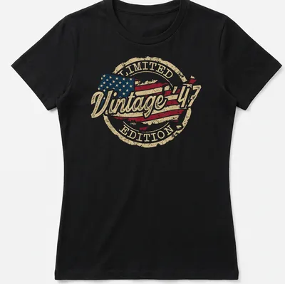 Vintage distressed American flag T-shirt with limited edition text above the design — printed on a women's shirt