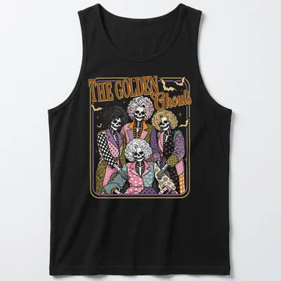 Vintage style shirt with a skeleton family, colorful and playful for Halloween — printed on a tank top
