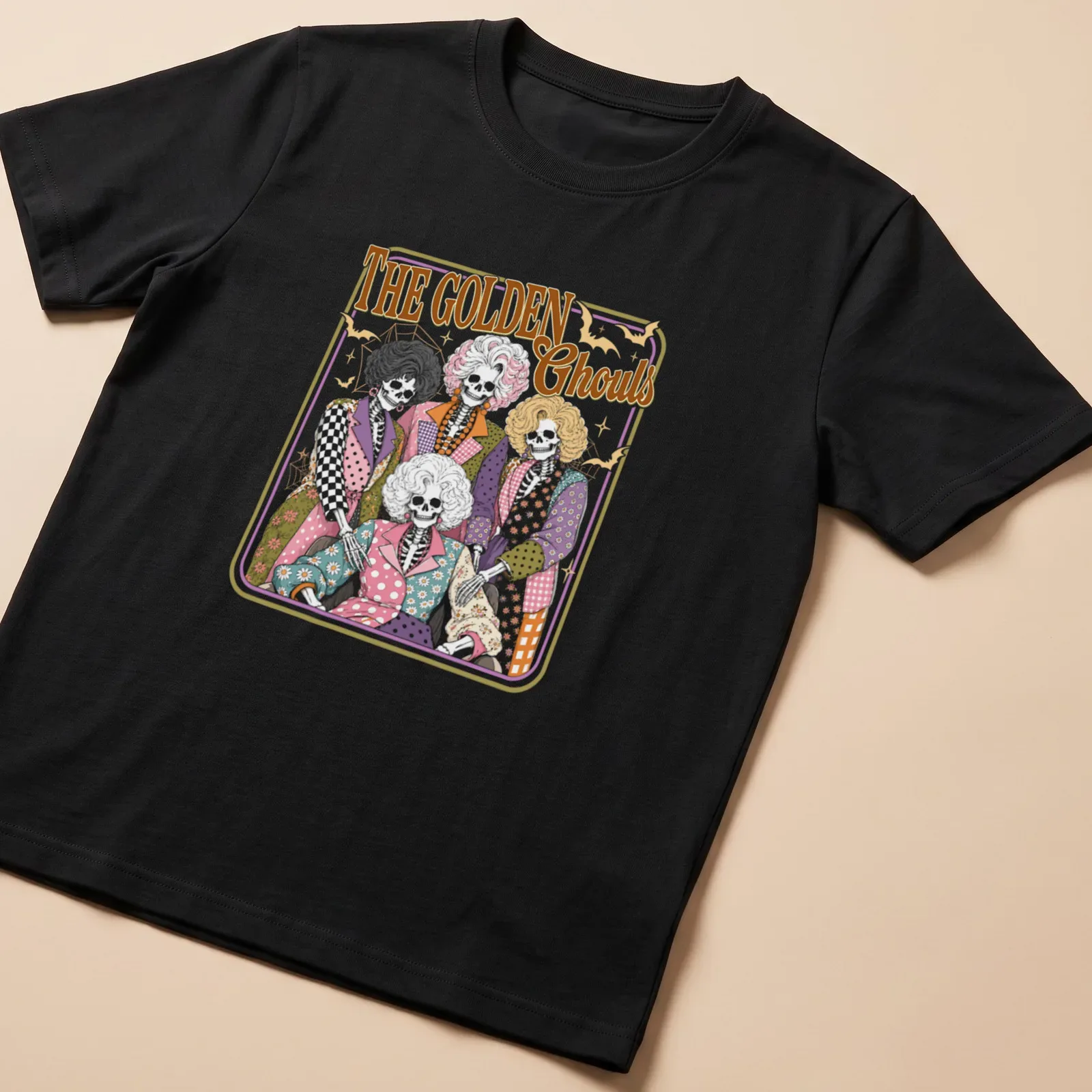 Vintage style shirt with a skeleton family, colorful and playful for Halloween — printed on a unisex t-shirt