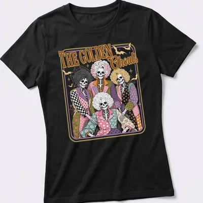 Vintage style shirt with a skeleton family, colorful and playful for Halloween — printed on a women's shirt