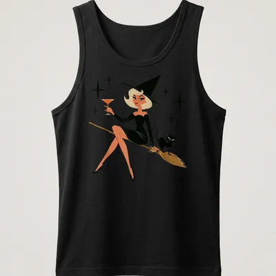 Retro vintage witch flying on a broom with a black cat for Halloween. — printed on a tank top