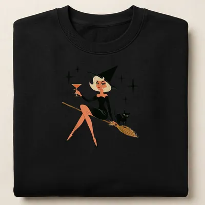 Retro vintage witch flying on a broom with a black cat for Halloween. — printed on a unisex sweatshirt