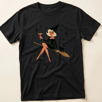 Retro vintage witch flying on a broom with a black cat for Halloween.