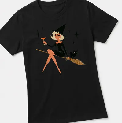 Retro vintage witch flying on a broom with a black cat for Halloween. — printed on a women's shirt