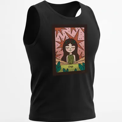 Kawaii Virgo character illustration in pink, green, brown, and beige hues. — printed on a tank top