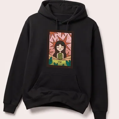 Kawaii Virgo character illustration in pink, green, brown, and beige hues. — printed on a unisex hoodie