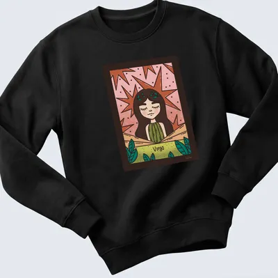 Kawaii Virgo character illustration in pink, green, brown, and beige hues. — printed on a unisex sweatshirt