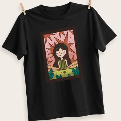 Kawaii Virgo character illustration in pink, green, brown, and beige hues.