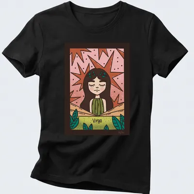 Kawaii Virgo character illustration in pink, green, brown, and beige hues. — printed on a women's shirt