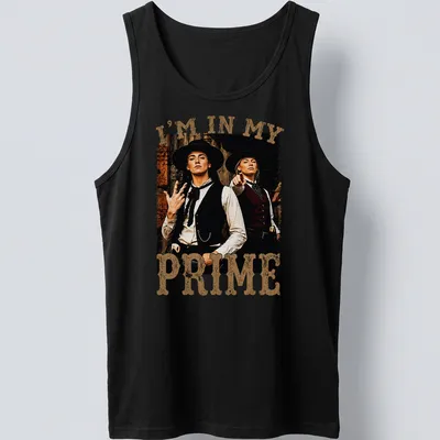 Vintage distressed shirt with Western characters and bold text "I'm In My Prime" — printed on a tank top