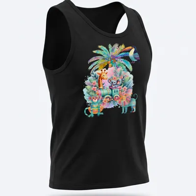 Whimsical train with safari animals in bright colors — printed on a tank top