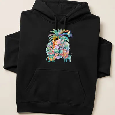 Whimsical train with safari animals in bright colors — printed on a unisex hoodie