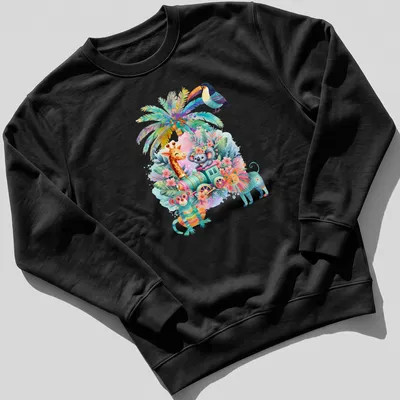 Whimsical train with safari animals in bright colors — printed on a unisex sweatshirt
