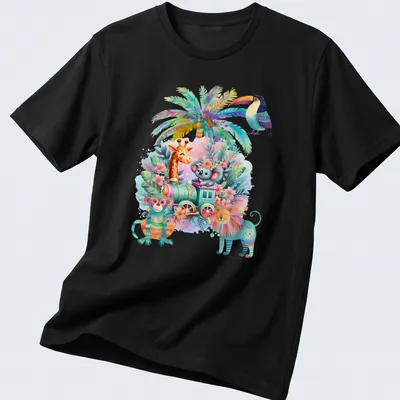 Whimsical train with safari animals in bright colors