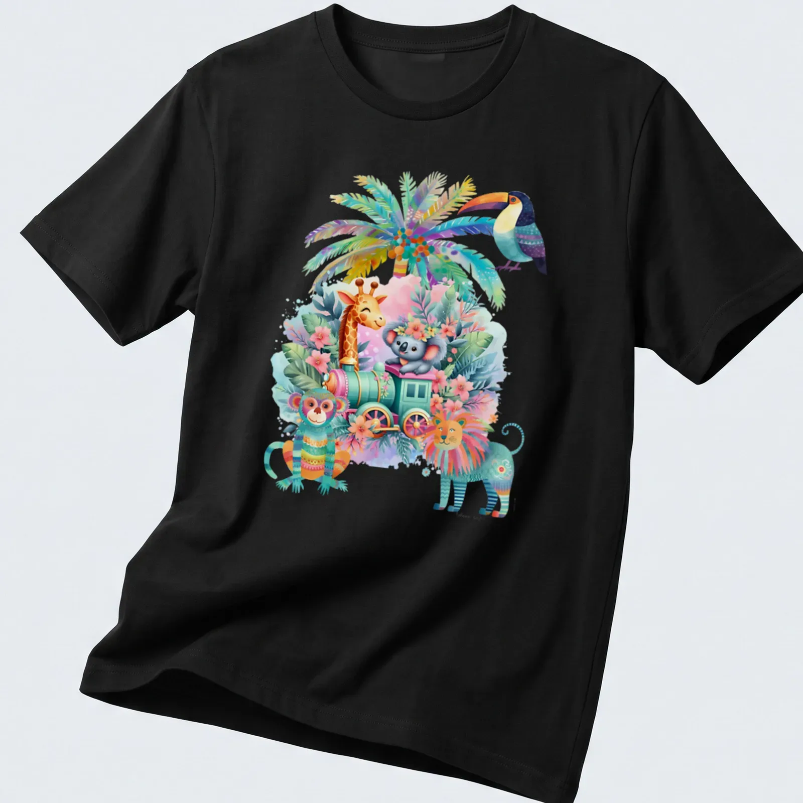 Whimsical train with safari animals in bright colors — printed on a unisex t-shirt