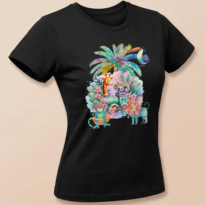 Whimsical train with safari animals in bright colors — printed on a women's shirt