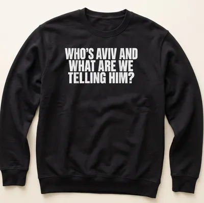 Bold typography t-shirt asking 'Who's Aviv and what are we telling him?' — printed on a unisex sweatshirt
