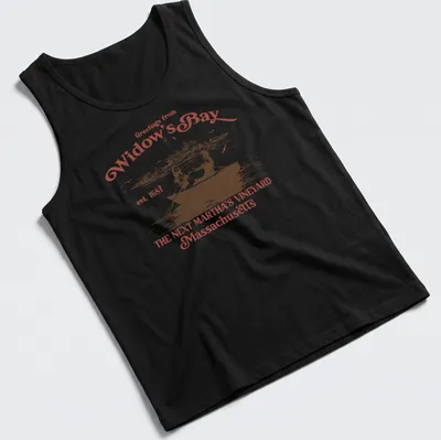 Vintage rowboat scene with 'Greetings from Widow's Bay' text in red, white, and black — printed on a tank top
