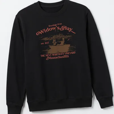 Vintage rowboat scene with 'Greetings from Widow's Bay' text in red, white, and black — printed on a unisex sweatshirt