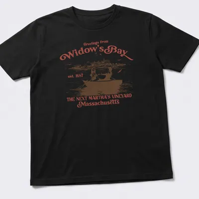 Vintage rowboat scene with 'Greetings from Widow's Bay' text in red, white, and black