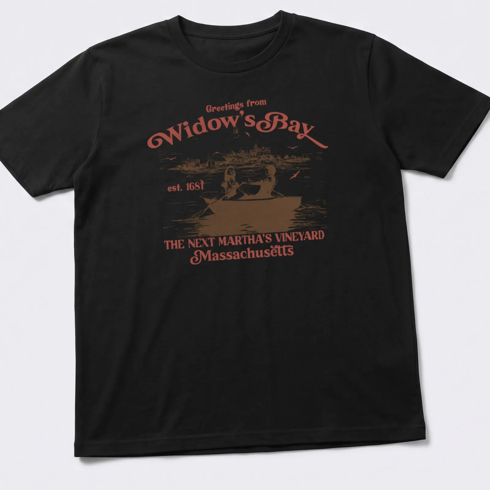 Vintage rowboat scene with 'Greetings from Widow's Bay' text in red, white, and black — printed on a unisex t-shirt