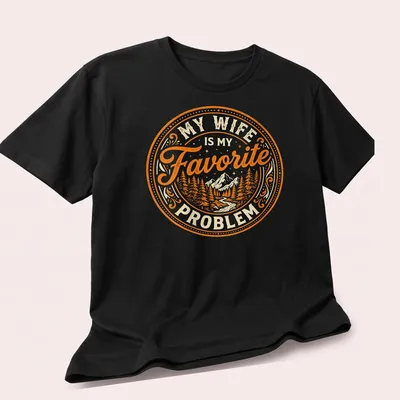 Vintage mountain landscape shirt with playful quote about marriage. — printed on a unisex t-shirt (angled view)
