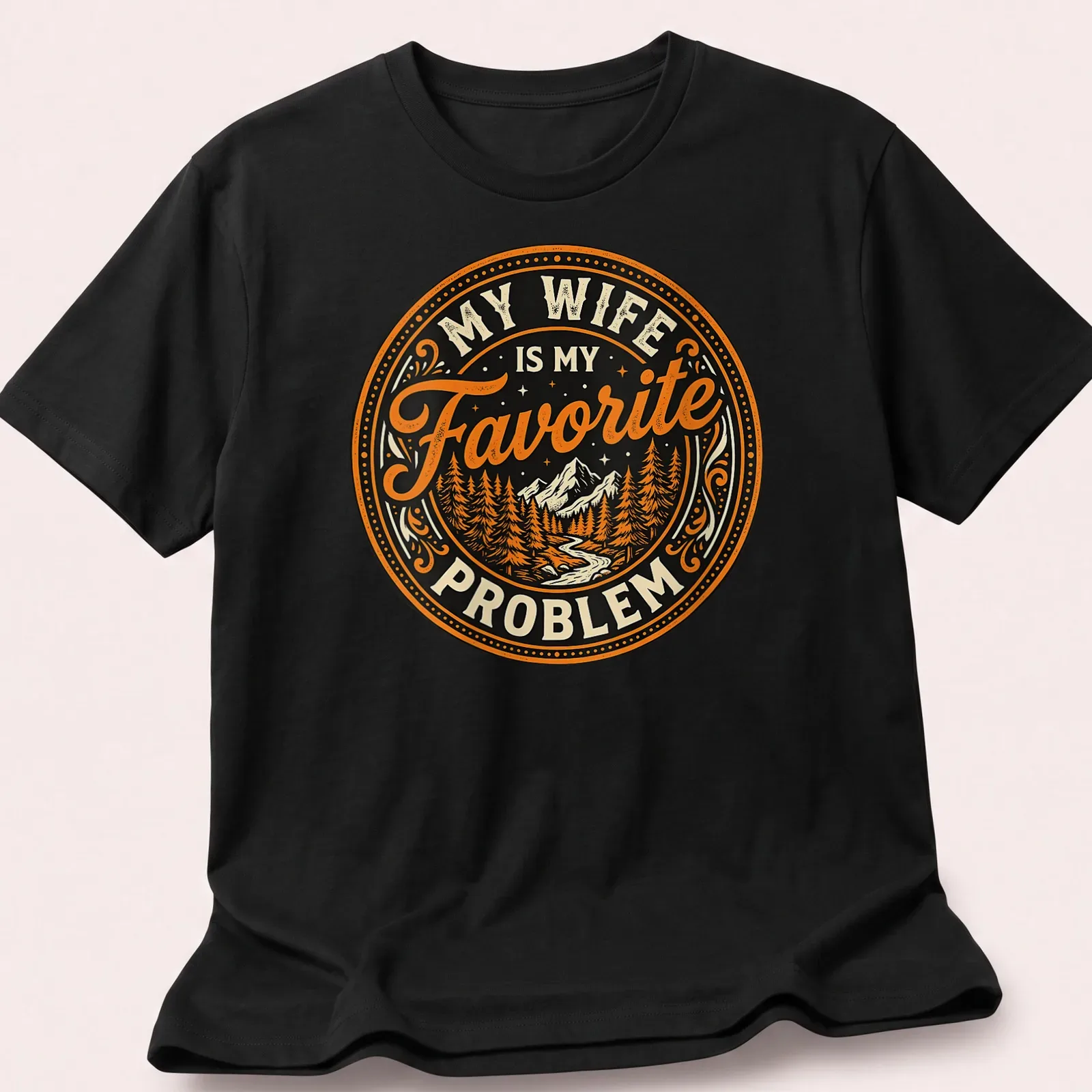 Vintage mountain landscape shirt with playful quote about marriage. — printed on a unisex t-shirt