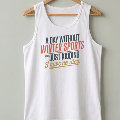 Bold text on winter sports with colorful typography in red, orange, and blue. — printed on a tank top
