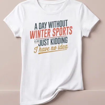 Bold text on winter sports with colorful typography in red, orange, and blue. — printed on a women's shirt