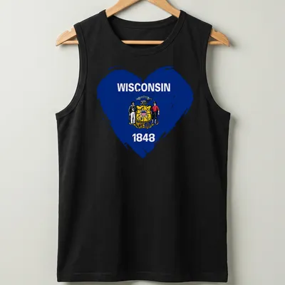 Distressed Wisconsin state flag in heart shape with 1848 text — printed on a tank top