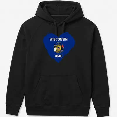 Distressed Wisconsin state flag in heart shape with 1848 text — printed on a unisex hoodie