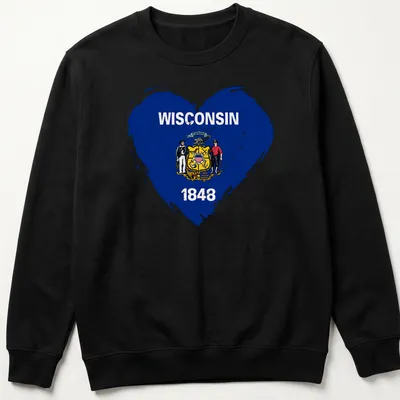 Distressed Wisconsin state flag in heart shape with 1848 text — printed on a unisex sweatshirt