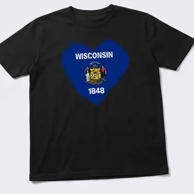 Distressed Wisconsin state flag in heart shape with 1848 text