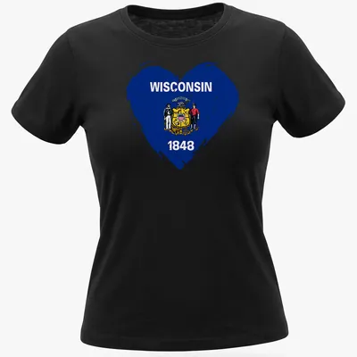 Distressed Wisconsin state flag in heart shape with 1848 text — printed on a women's shirt