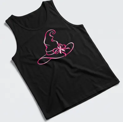 Stylized pink witch hat graphic symbolizing breast cancer awareness — printed on a tank top