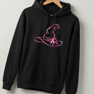 Stylized pink witch hat graphic symbolizing breast cancer awareness — printed on a unisex hoodie